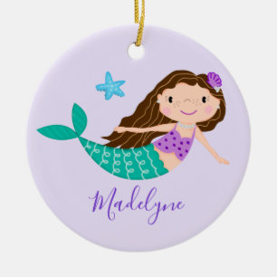 Paarse Zeemeermin Kerst Script Naam Keramisch Ornament
