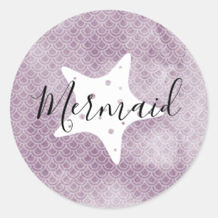 Paarse zeemeermin met zeesterren ronde sticker
