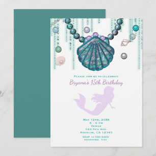 Paarse Zeemeermin Strand Verjaardagsfeest Uitnodig Kaart