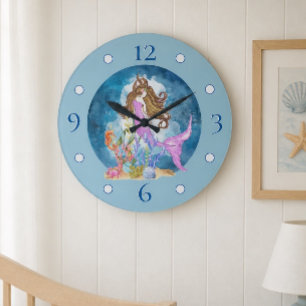 Paarse Zeemeermin Waterverf Grote Acryl Wandklok Klok