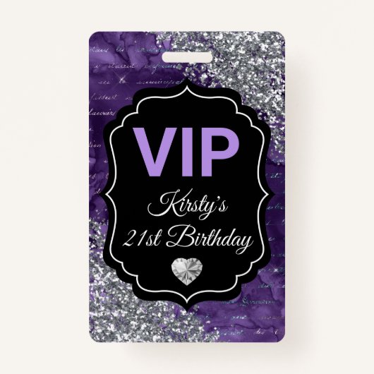 Paarse zeemeerminnen Silver Glitter Birthday VIP Badge (Voorkant)