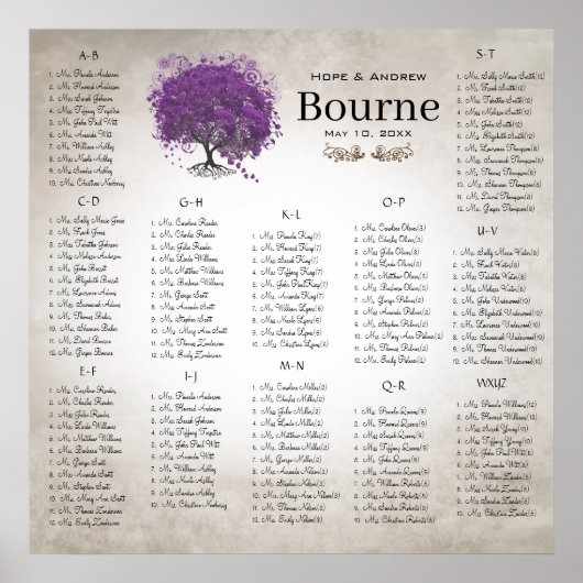 Paarse zgn. Heart Leaf Tree Seating Chart 12 Table Poster (Voorkant)