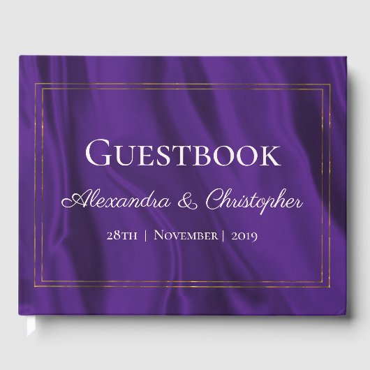 Paarse zijde en gouden bruiloft gastenboek (Voorkant)