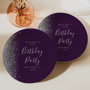 Paarse Zilver Glitter 70e Verjaardag Papieren Bordje
