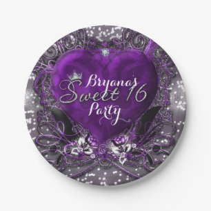 Paarse & Zilver Hart Glitter Sweet 16 Feest Papieren Bordje