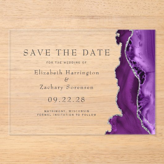 Paarse zilveren agaat Bewaar de datum Acryl Uitnodigingen (Voorkant)