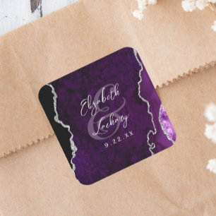 Paarse Zilveren Agaat Schrift Trouwset Vierkante Sticker