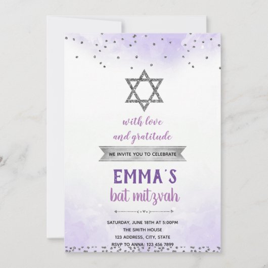 Paarse zilveren bat mizvah uitnodiging (Voorkant)