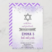 Paarse zilveren bat mizvah uitnodiging (Voorkant / Achterkant)