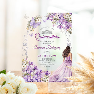 Paarse Zilveren Bloem Vlinder Quinceañera Acryl Uitnodigingen