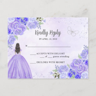 Paarse Zilveren Bloemen Prinses Quinceañera RSVP Briefkaart