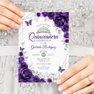Paarse zilveren bloemige quinceanera kaart