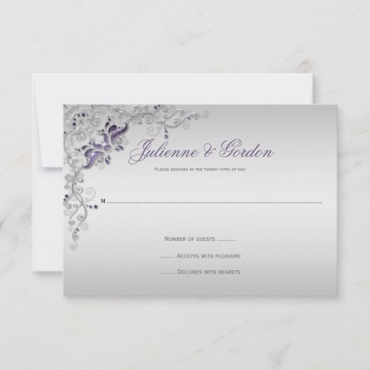  Paarse Zilveren Bloemwervelingen RSVP Kaartje (Voorkant)