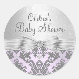 Paarse & Zilveren Damask Baby showers Sticker
