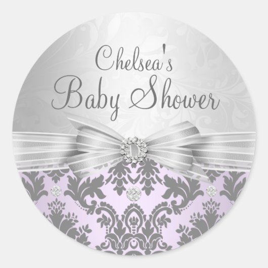 Paarse & Zilveren Damask Baby showers Sticker (Voorkant)
