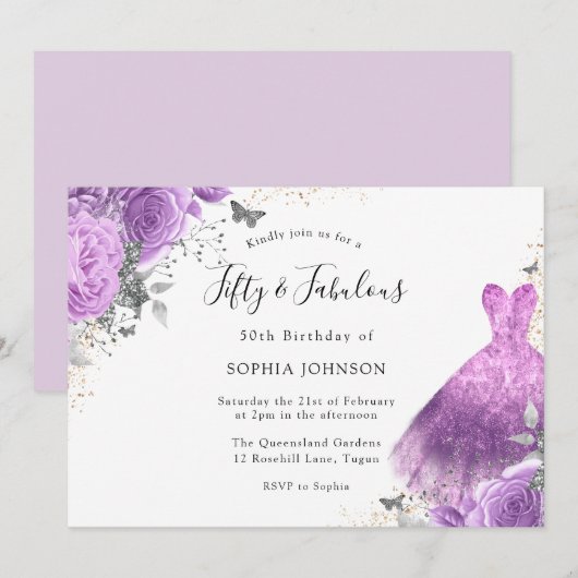 Paarse zilveren dress & Roos Butterfly 50th Birthd Kaart (Voorkant / Achterkant)