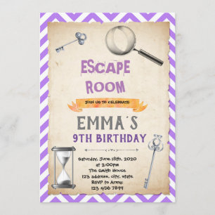 Paarse zilveren escape room verjaardagsfeestje kaart