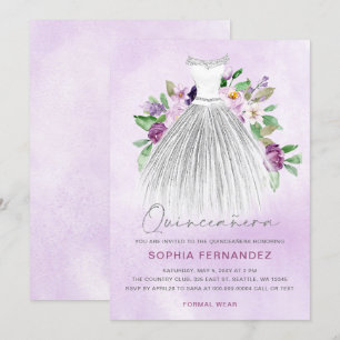 Paarse zilveren glitter bloemenjurk quinceañera kaart