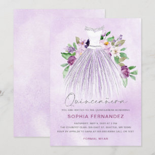 Paarse zilveren glitter bloemenjurk quinceañera kaart