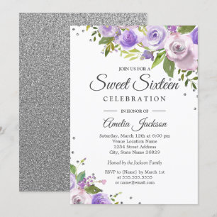 Paarse Zilveren Glitter Bloemige Sweet Sixteen Uit Kaart