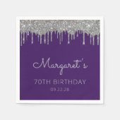 Paarse zilveren glitter drip 70ste verjaardagsfees servet (Voorkant)