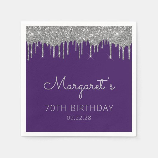 Paarse zilveren glitter drip 70ste verjaardagsfees servet (Voorkant)