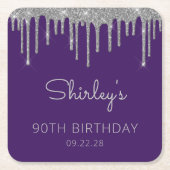 Paarse Zilveren Glitter Drip 90ste Verjaardagsfees Vierkante Kartonnen Onderzetter (Voorkant)
