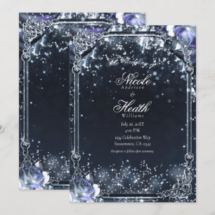Paarse Zilveren Glitter Lichtjes & Rozen Bruiloft Kaart
