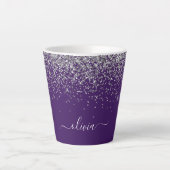 Paarse Zilveren Glitter Meisjesachtige Glam Monogr Latte Mok (Voorkant)