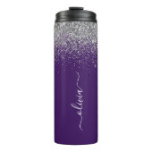 Paarse Zilveren Glitter Meisjesachtige Monogram Na Thermosbeker (Voorkant)