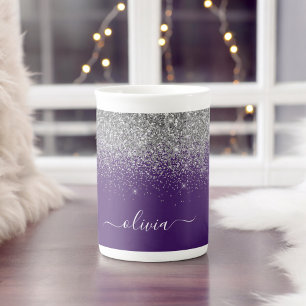 Paarse Zilveren Glitter Meisjesnaam Monogram Porselein Kop
