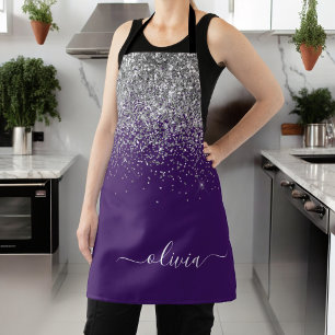 Paarse Zilveren Glitter Meisjesnaam Monogram Schort