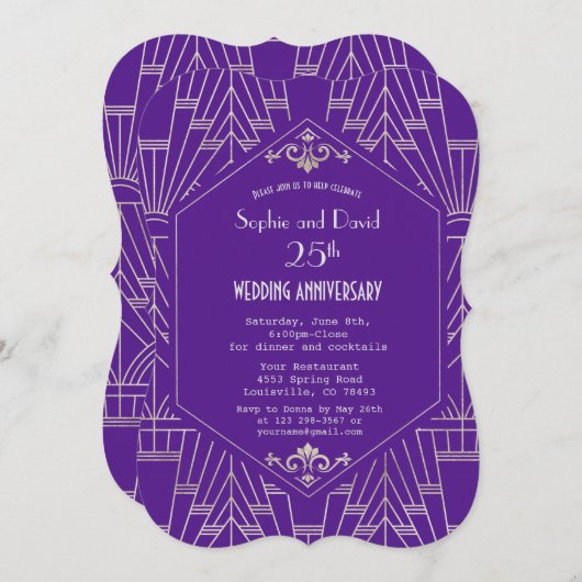 Paarse Zilveren Great Gatsby Huwelijksjubileum Kaart (Voorkant / Achterkant)