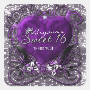 Paarse & Zilveren Hart Sparkle Sweet 16 Party Favo Vierkante Sticker