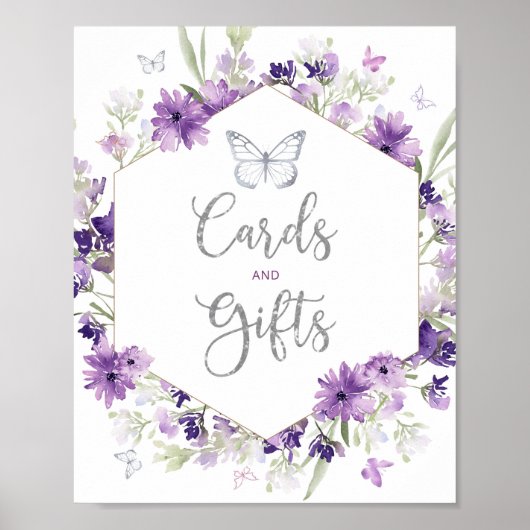 Paarse zilveren lijsten vlinderkaarten en geschenk poster (Voorkant)