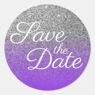 Paarse Zilveren Ombre Glitter Save the Date Ronde Sticker