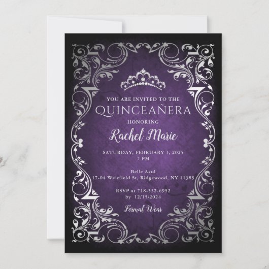  Paarse Zilveren Prinses Tiara Quinceañera Kaart (Voorkant)