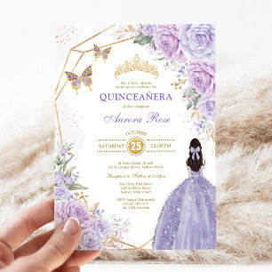 Paarse Zilveren Quinceañera Vlinder Prinses Feest Kaart