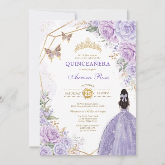 Paarse Zilveren Quinceañera Vlinder Prinses Feest Kaart (Voorkant)