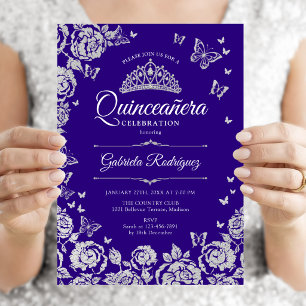 Paarse Zilveren Rozen Vlinders Quinceanera Kaart