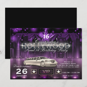 Paarse & Zilveren Stad Licht Limo Hollywood Feest Kaart