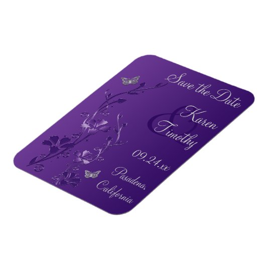 Paarse, zilveren vlinder bloemenbewaar datum magne magneet (Linkerzijde)