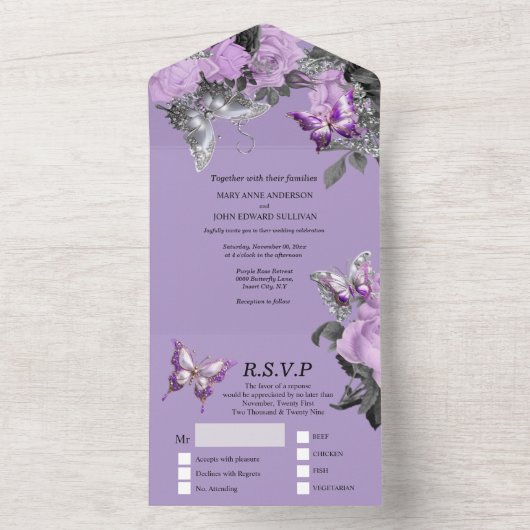 Paarse zilveren vlinder bruiloft sierlijke zomer all in one uitnodiging (Binnen)