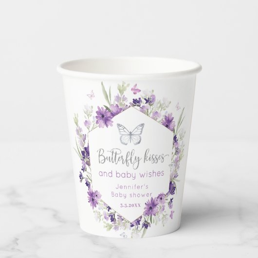 Paarse zilveren vlinder kussen baby shower papieren bekers (Achterkant)