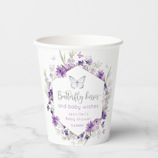 Paarse zilveren vlinder kussen baby shower papieren bekers (Voorkant)