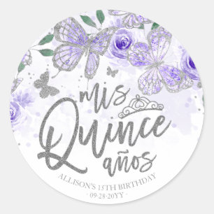 Paarse Zilveren Vlinder Quinceanera Ronde Sticker