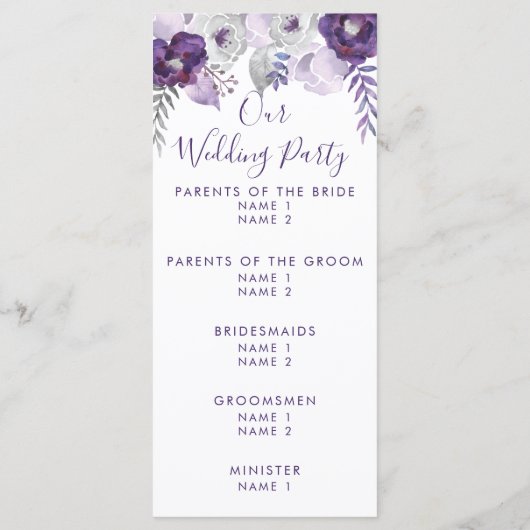 Paarse & Zilveren Waterverf Bloemen Huwelijk Progr Programma (Achterkant)