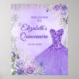 Paarse Zilveren Winter Bloemen Quinceañera Welkom Poster