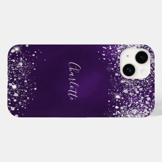 Paarse zilverglittermonogram Case-Mate iPhone case (Achterkant (horizontaal))
