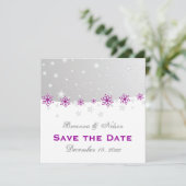Paarse zilvergrijze sneeuwvlokbruiloft Bespaar de  Save The Date (Staand voorkant)